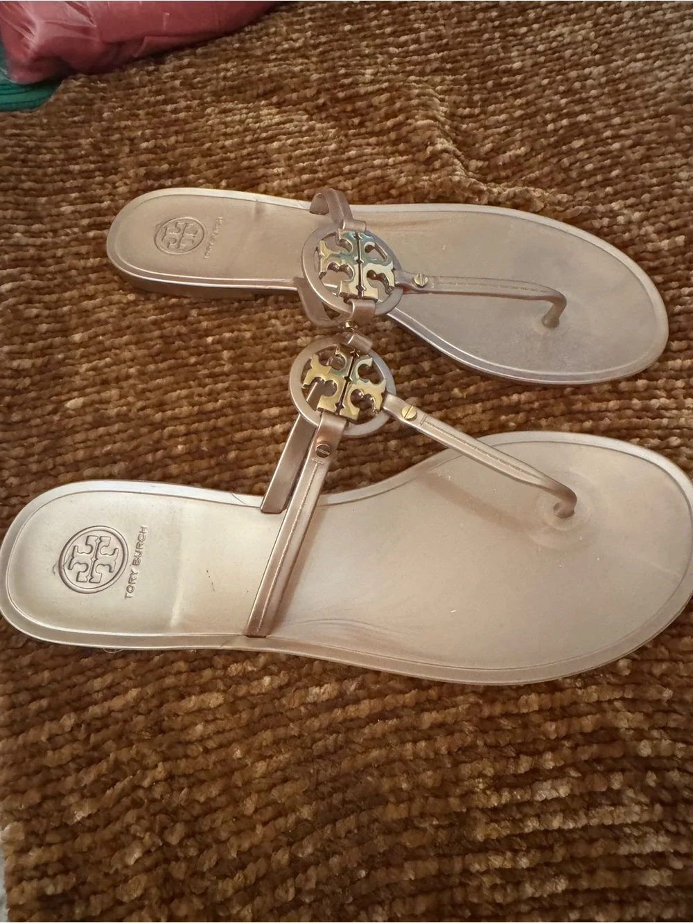 Tory Burch Metallic Gold Logo Jelly Thong Sandals size 11